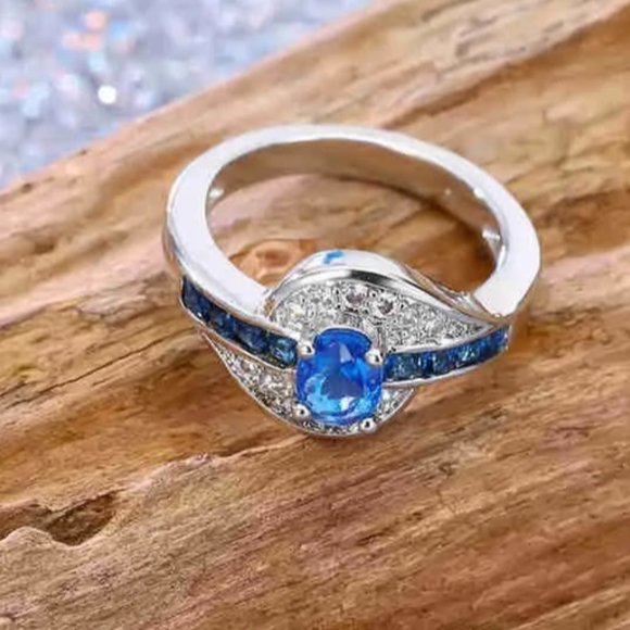 Ladies Blue Sapphire & White Oval Cut Bridal Ring .925 Solid Sterling Silver - Picture 2 of 7